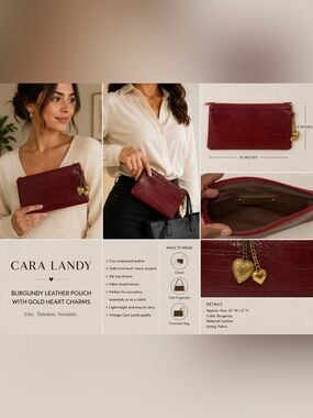 Cara Landy Burgundy Croc Embossed Leather Pouch Clutch Gold Heart Charm 10x5